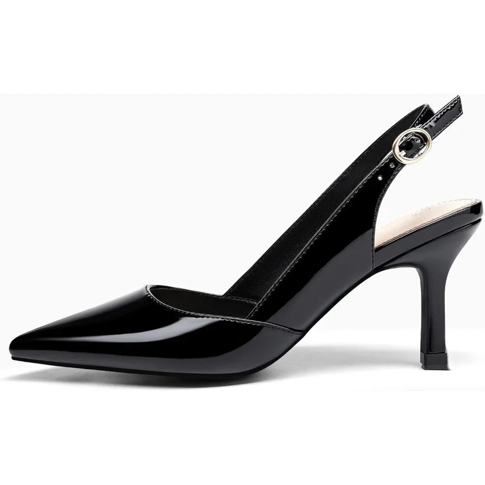 Women's Black Leather Kitten Heels Closed Pointed Toe Wedding Party Dress Pumps
